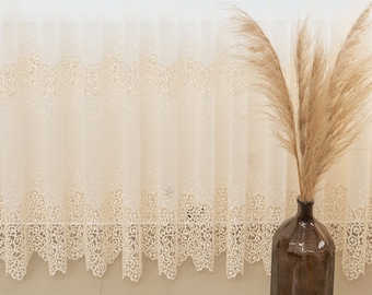 Linen Curtain (T376), Embroidered linen curtain, Transparent curtains, Interior curtains, Tulle with openwork with embroidery, Ivory сurtain