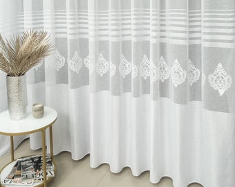 Linen Curtain (T991), Embroidered linen curtain, Transparent curtains, Interior curtains, Tulle with openwork with embroidery, White curtain