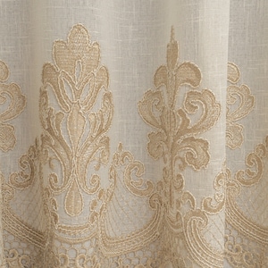 Linen Curtain (T807), Embroidered linen curtain, Interior curtains, Tulle with embroidery, Ivory curtain with beige embroidery