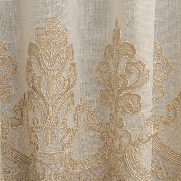 Linen Curtain (T807), Embroidered linen curtain, Interior curtains, Tulle with embroidery, Ivory curtain with beige embroidery