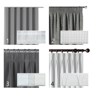 May include: Four different ways to hang curtains, showing the finished look of each style.  The first style is a simple flat curtain, the second is a pleated curtain, the third is a pinch pleat curtain, and the fourth is a pencil pleat curtain.