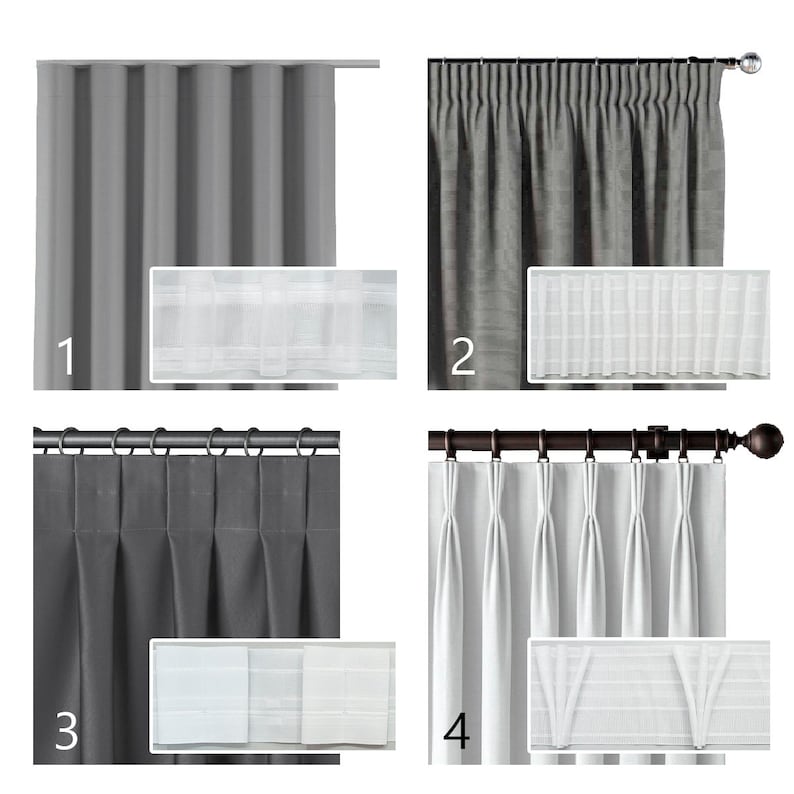 May include: Four different ways to hang curtains, showing the finished look of each style.  The first style is a simple flat curtain, the second is a pleated curtain, the third is a pinch pleat curtain, and the fourth is a pencil pleat curtain.