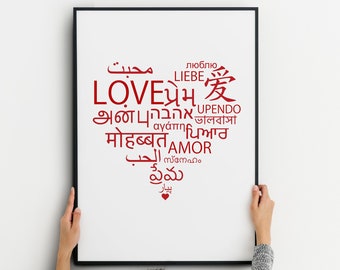 Love in Different Languages Wall Art | Heart |  Digital Print