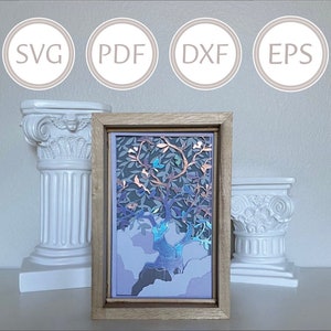 Pode incluir: Uma ilustração emoldurada de uma árvore com um esquema de cores roxo, azul e verde. A árvore é cercada por um fundo branco com um céu azul claro. A moldura é de madeira e tem uma cor marrom claro.