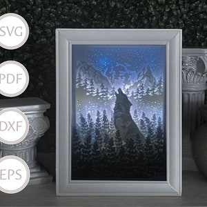 Lupo Paper Cut Light Box file, modello SVG, scatola di cartoncino a strati, per Silhouette Cameo e Cricut