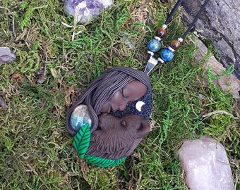 Woodland animal Goddess crystal clay necklace | Bear Labradorite pendant | gift for bear lover | animal totem necklace