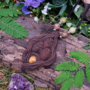 Handmade earthy clay Owl family burrow crystal necklace | tigers eye | witchy new age owl spirit animal totem necklace