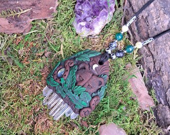 Handmade bear crystal necklace | multi flash Labradorite Raw Quartz | real stone beads | unisex bear totem necklace | bear lover gift