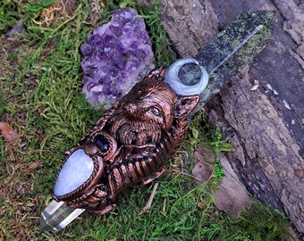 Fox spirit animal totem crystal wand | Dragons blood jasper point Quartz point Rainbow Moonstone Amethyst | crystal healing wand