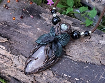 Handmade Snake Crystal Necklace: Moonstone, Labradorite & Onyx