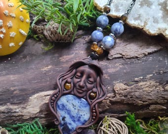 Handmade Clay Mother goddess necklace with Sodalite and Tigers eye