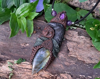 Handmade earthy clay owl and raven spirit animal totem necklace | celtic triquetra crystal necklace | Labradorite Amethyst | witchy jewelry