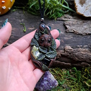 Handmade earthy clay owl necklace | men&#39;s owl necklace | Rainforest jasper Onyx Snowflake obsidian | unisex owl spirit animal totem jewelry