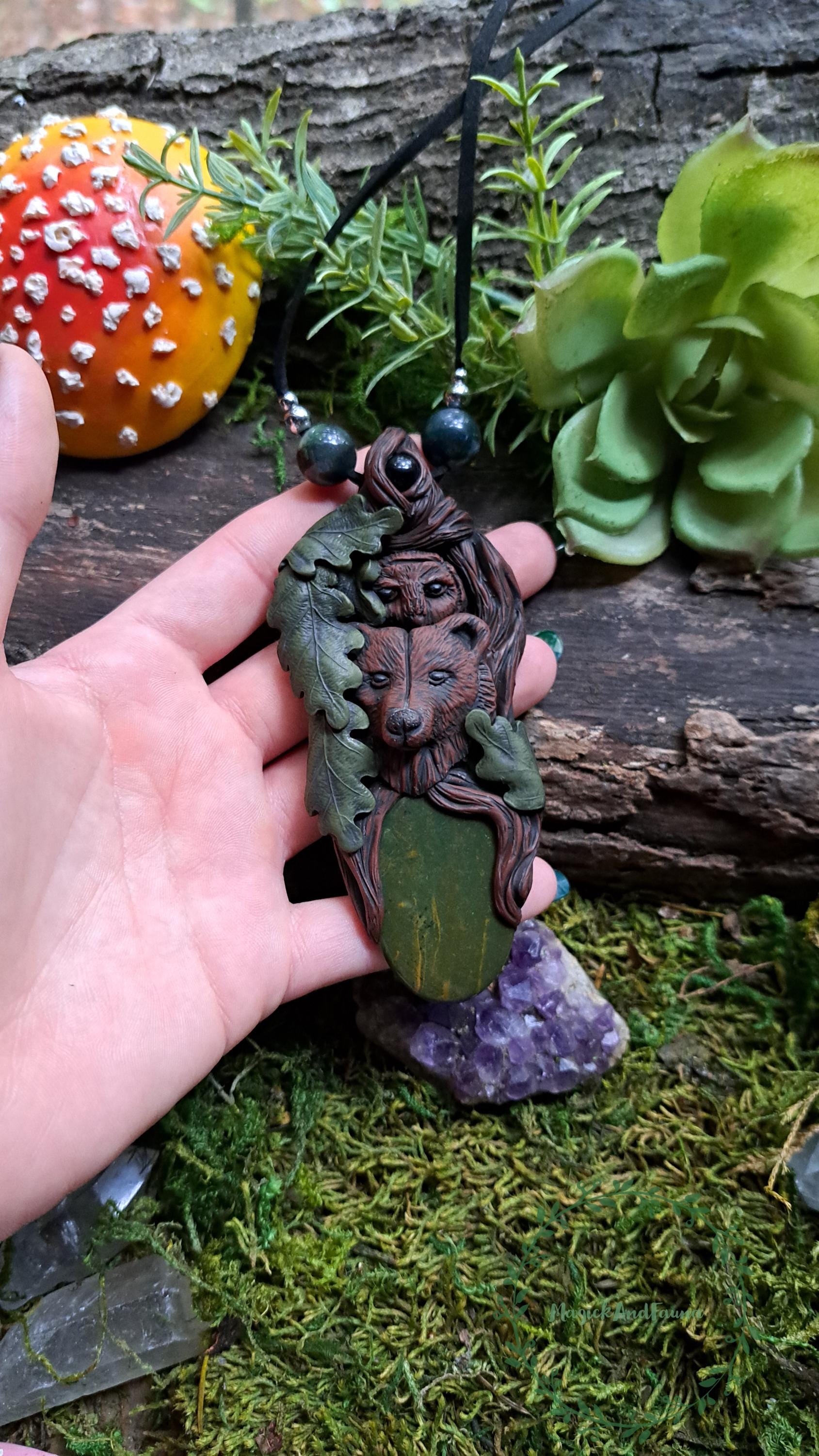 Handmade Clay Bear & Owl Necklace: Bloodstone Onyx, Forest Animal Totem