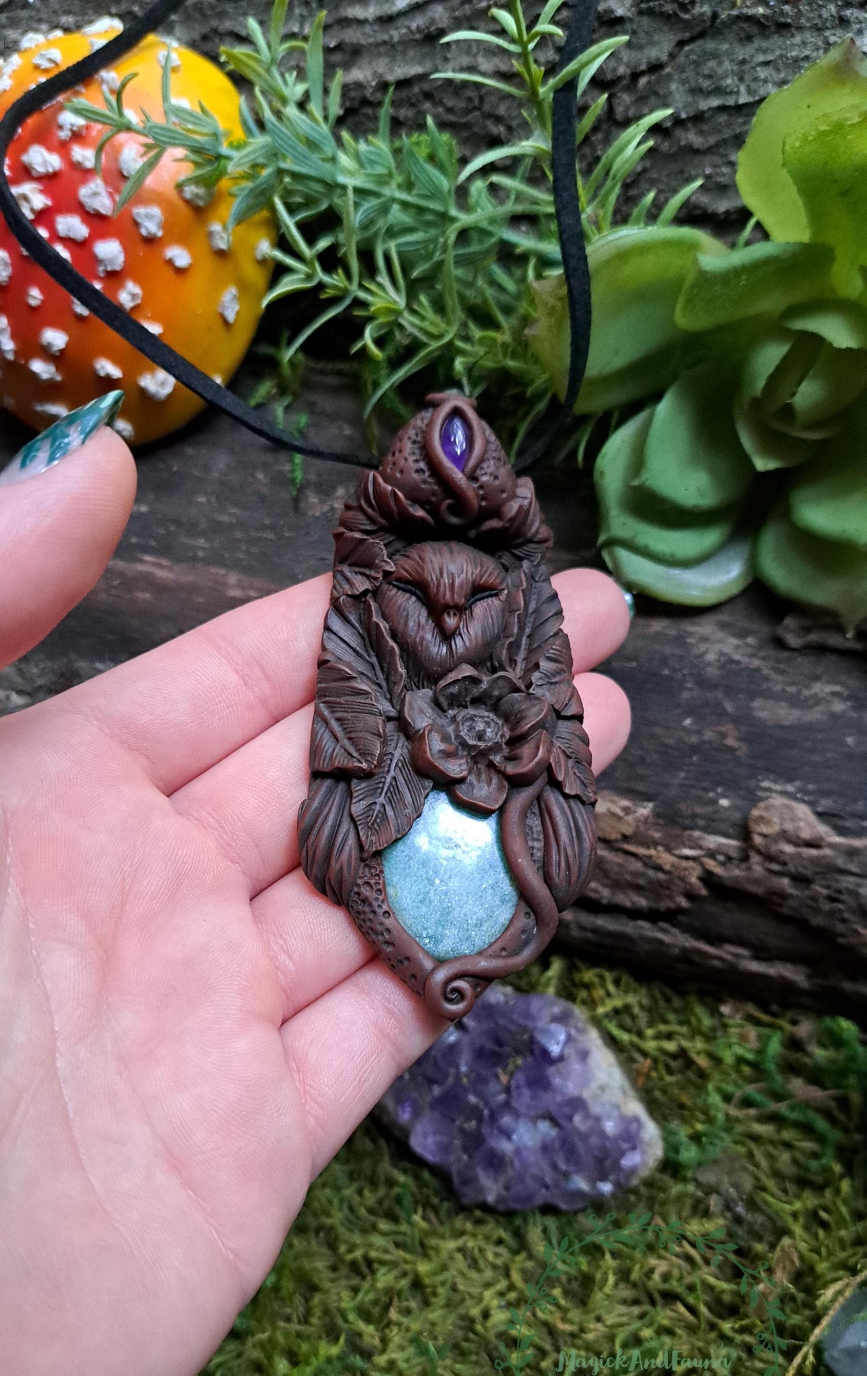 Handmade Owl Totem Necklace: Amazonite, Amethyst & Labradorite