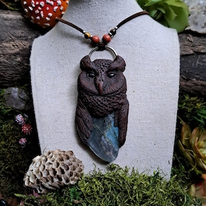 Handmade earthy Owl spirit totem necklace | Labradorite | large owl statement necklace | owl spirit crystal necklace | boho owl gift