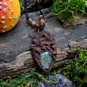 Handmade Earthy clay Lily dragonfly necklace | checkercut labradorite clay necklace | Lily birth flower necklace | nature flower jewelry