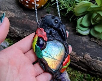 Handmade Raven Fall crystal Necklace | Autumn Leaves, Black Onyx, Labradorite