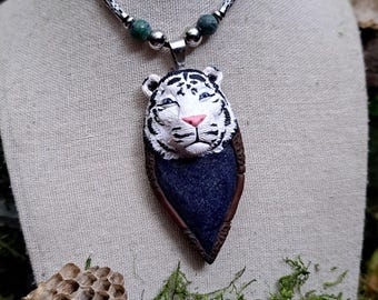 Handmade Albino White Tiger Clay Necklace: Lapis Lazuli Totem