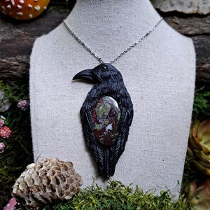 Large Raven statement necklace | handmade raven crystal necklace | dragons blood jasper and onyx
