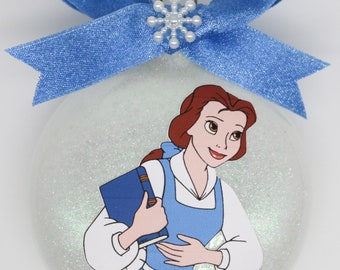 Disney themed Beauty and the Beast Belle with Iridescent White Glitter 3 Glass Christmas Ornament