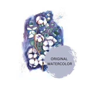 Cotton flowers, original watercolor painting of cotton, interior design, wall artwork, illustration, gift idea, floral picture, hanging, art