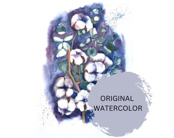 Flores de algodón, acuarela original de algodón, diseño de interiores, obra de arte de pared, ilustración, idea de regalo, cuadro floral, colgar, arte