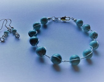 925er Sterling  Silber mit echten Türkisperlen , schönes Set Armband und kleine Ohrhänger