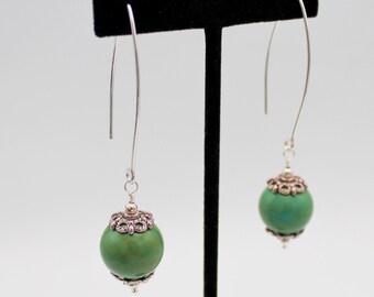 Green Howlite Gemstone Dangle Earrings, Silver Plated Wire