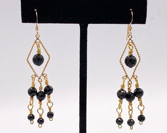 Black spinel gemstone gold filled chandelier earrings, gift for her, black and gold earrings