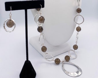 Smokey quartz gemstones on silver handmade circular chain with matching earrings | Gift for Her, jewelry set, gemstone earrings, fall colors