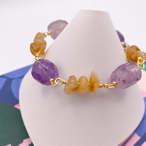 Amethyst nuggets and citrine, gemstone gold bracelet, gift for her, birthstone jewelry