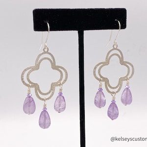 Light amethyst teardrop sterling silver chandelier earrings with Swarovski crystals, gift for her, purple gemstone earrings