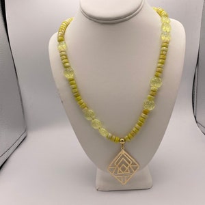 Bright yellow gemstone and vintage Czech glass beads with a geometric gold pendant necklace, unique gift for her, Aztec design