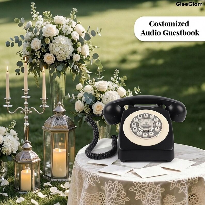 May include: A black vintage rotary phone with a cream dial sits on a lace-covered table. The text "Costomized Audio Guestbook" is displayed. The scene includes floral arrangements, candles, and lanterns, suggesting a wedding or event setting.