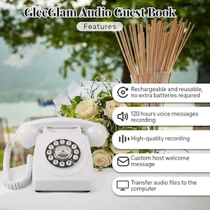 May include: A white GleeGlam Audio Guest Book telephone with a rotary dial, beside a bouquet of white roses. The image includes text highlighting features: rechargeable, 120 hours of recording, high-quality recording, custom message, and file transfer.