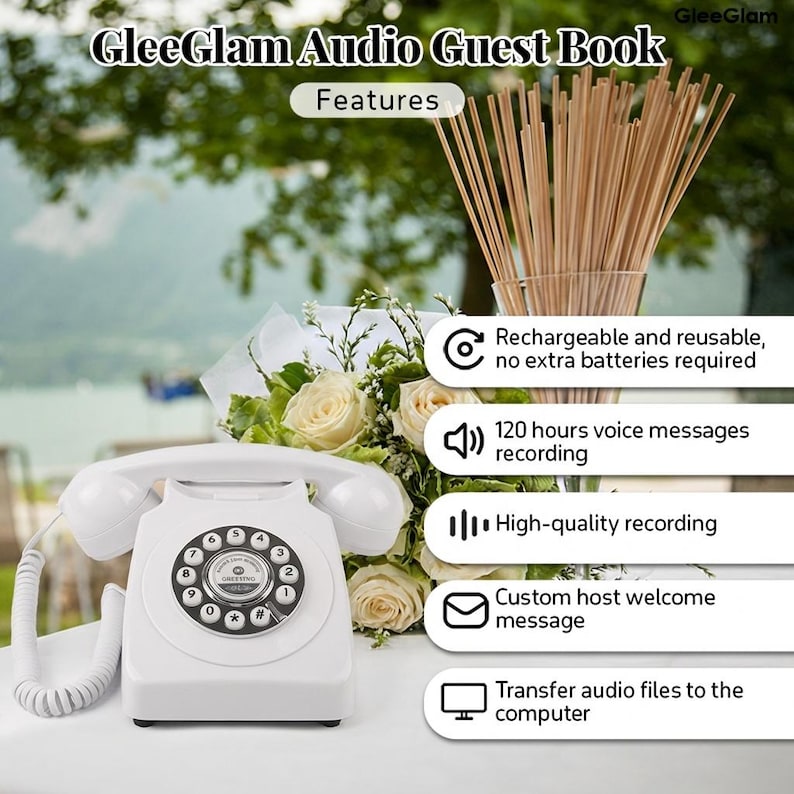 May include: A white GleeGlam Audio Guest Book telephone with a rotary dial, beside a bouquet of white roses. The image includes text highlighting features: rechargeable, 120 hours of recording, high-quality recording, custom message, and file transfer.