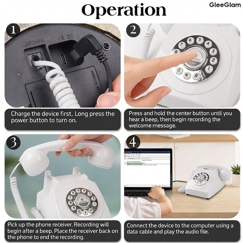 May include: A white rotary dial telephone with instructions on how to use it. The steps include charging the device, pressing the center button, picking up the receiver, and connecting to a computer. The word "Operation" is at the top.