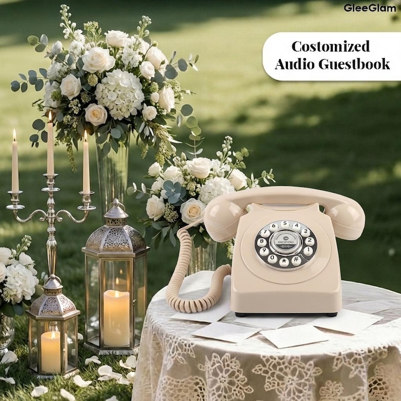 May include: A cream-coloured vintage rotary phone on a lace-covered table, with the text "Customized Audio Guestbook". The scene includes floral arrangements, lit candles, and lanterns, suggesting a wedding or event setting.