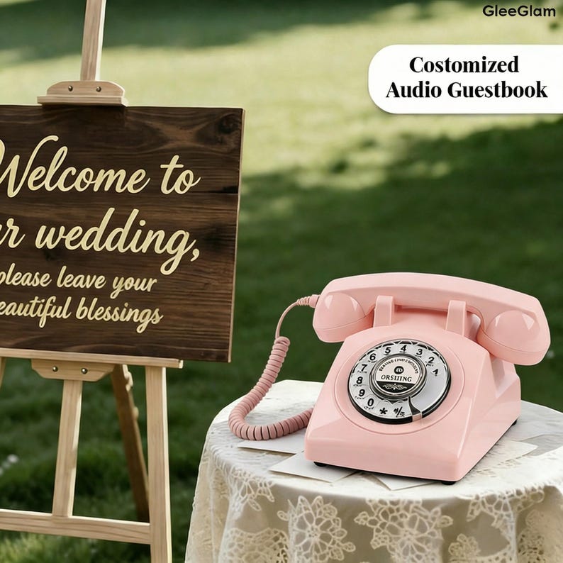 May include: A pink rotary phone with a coiled cord sits on a lace-covered table. The phone has a circular dial and is labeled "Costomized Audio Guestbook". A wooden sign on an easel reads "Welcome to your wedding, please leave your beautiful blessings."