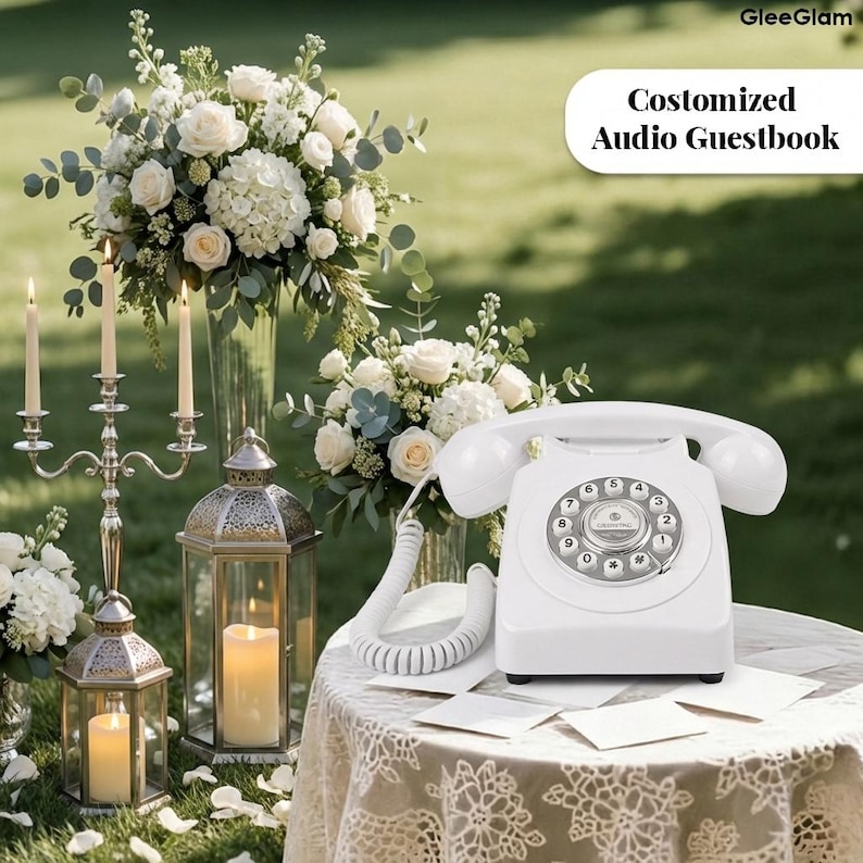May include: A white vintage rotary phone is displayed on a lace-covered table, with the text "Customized Audio Guestbook". The image features floral arrangements, candles, and lanterns, suitable for a wedding or event.