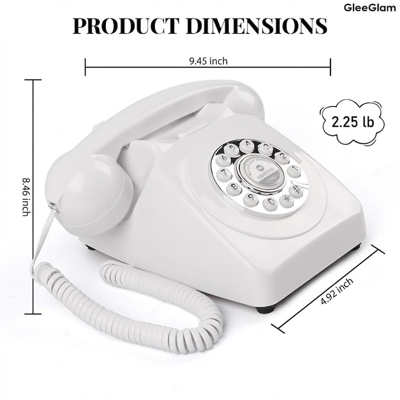 May include: A white retro rotary phone with a dial pad and handset. The phone is 24 cm wide, 21.5 cm tall, and 12.5 cm deep. It weighs 1.02 kg. The text "PRODUCT DIMENSIONS" is at the top.