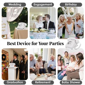 May include: A white retro rotary phone is shown in different party scenarios, such as weddings, engagements, birthdays, graduations, retirements, and baby showers. The text "Best Device for Your Parties" is also displayed.