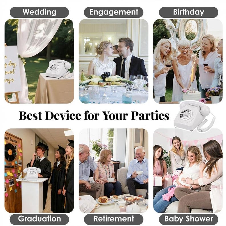 May include: A white retro rotary phone is shown in different party scenarios, such as weddings, engagements, birthdays, graduations, retirements, and baby showers. The text "Best Device for Your Parties" is also displayed.