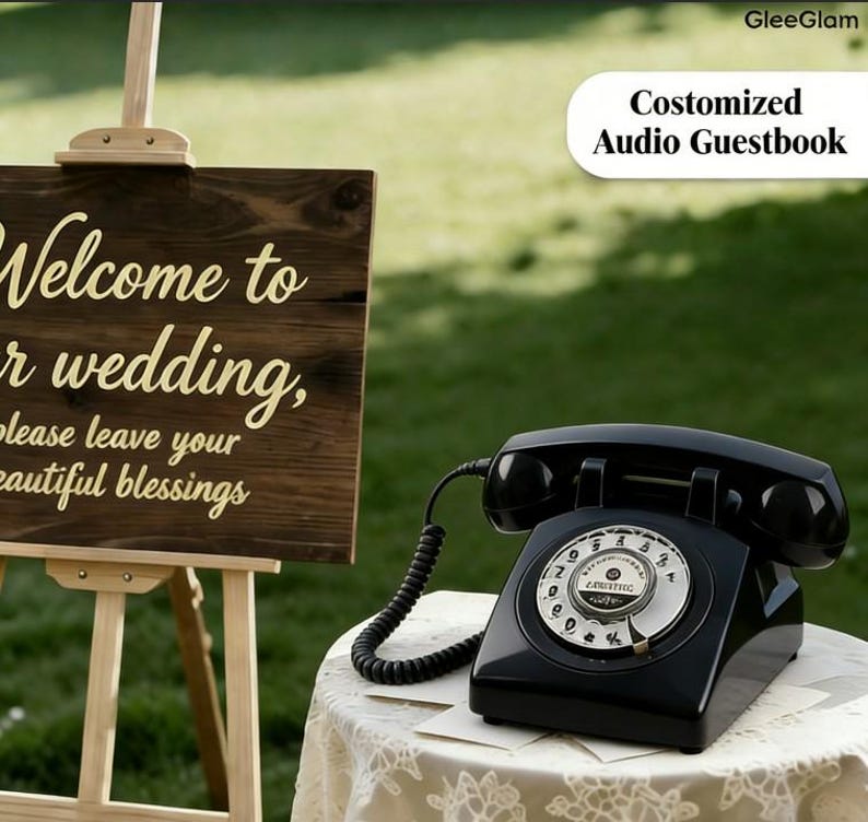 May include: A black vintage rotary phone sits on a lace-covered table next to a wooden sign that reads "Welcome to our wedding, please leave your beautiful blessings." The sign is on an easel. The text "Costomized Audio Guestbook" is also visible.