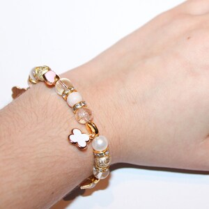 White Clover Beaded Charm Stretchy Bracelet, Preppy Handcrafted Stackable White, Rose Gold, and Gold Gift