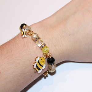 Yellow and Black Bee Beaded Charm Stretchy Bracelet, Preppy Handcrafted Stackable Gold, Black, Yellow, White, Bumblebee Fun and Cute Gift