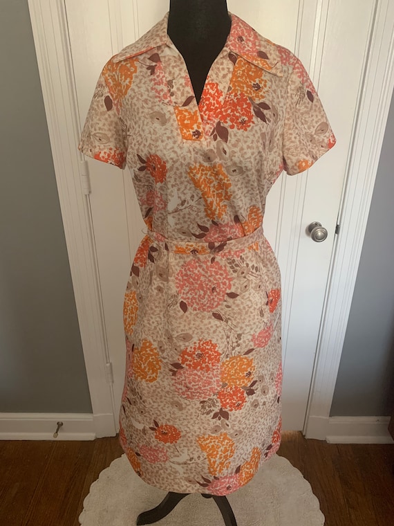 1960s Polyester Belted Floral Print Dress