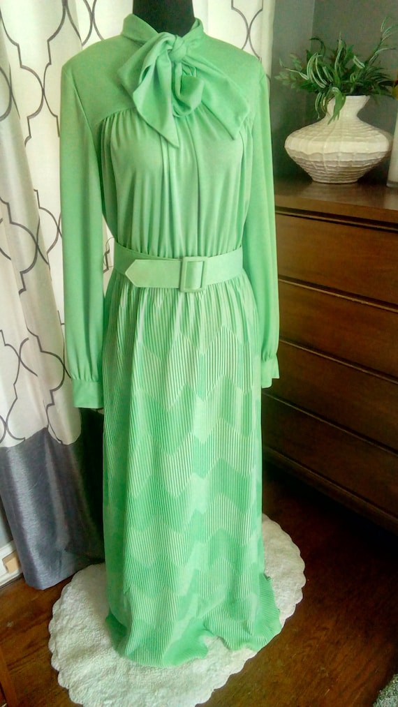 1970s Lime Green Vintage Belted Maxi Dress