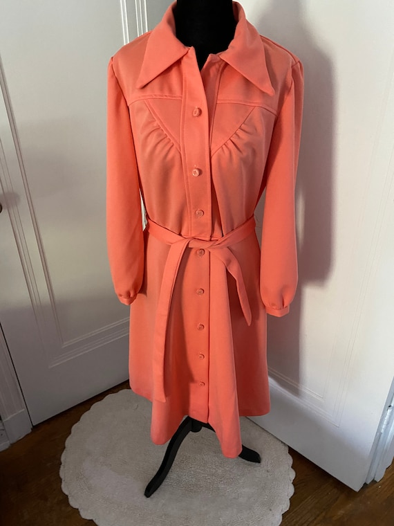 Salmon Button Down Belted Polyester Vintage Dress - image 1